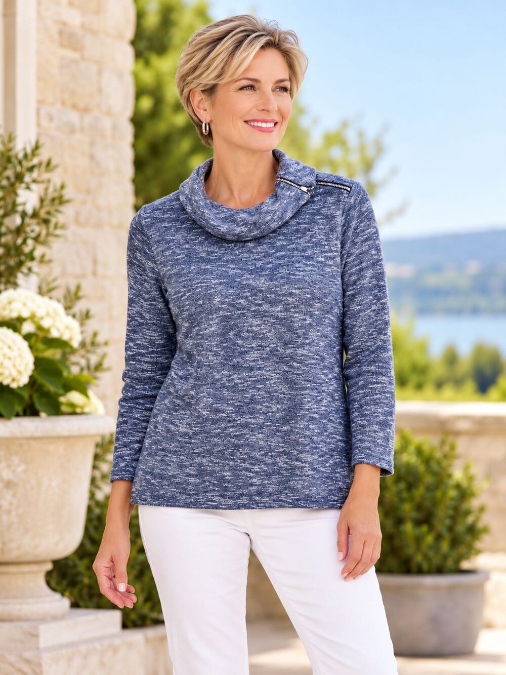 Chico's Women's Size 2 Medium Blue Marled Cowl Neck Pullover Top Shoulder Zip